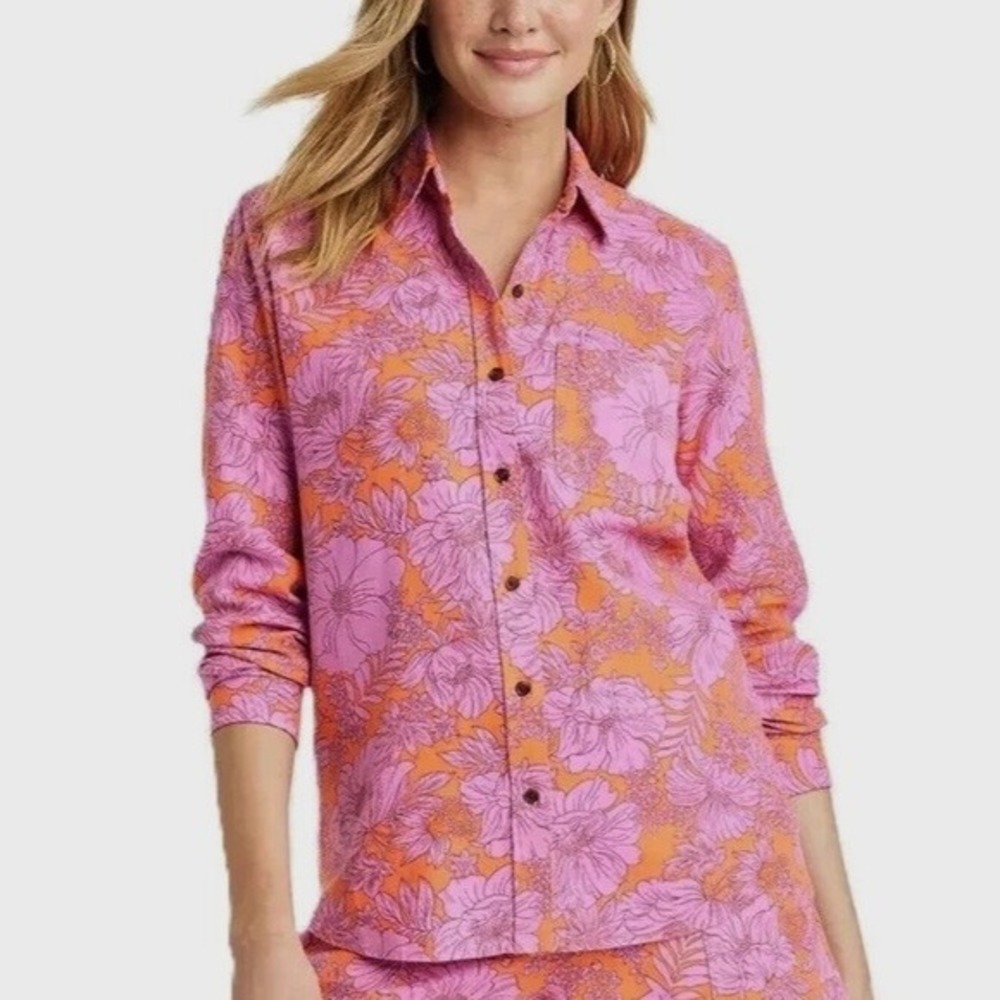 Universal Thread Floral Print Button Down‎ Linen Blend Shirt M (D683)